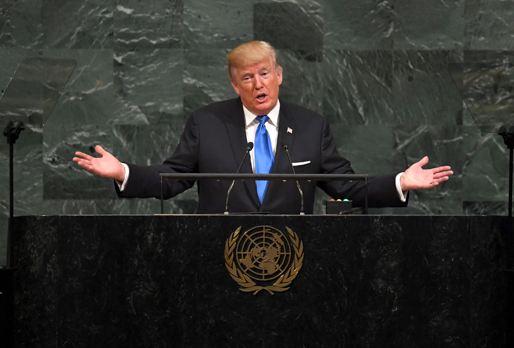 US President Donald Trump addresses the 72nd Annual UN General Assembly in New York on September 19, 2017. / AFP PHOTO / TIMOTHY A. CLARY