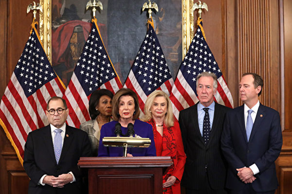 WASHINGTON, DC - DECEMBER 10:  Speaker of the House Rep. Nancy Pelosi (D-CA) (C) speaks as (L-R) Chairman of House Judiciary Committee Rep. Jerry Nadler (D-NY), Chairwoman of House Financial Services Committee Rep. Maxine Waters (D-CA), Chairwoman of House Oversight and Reform Committee Rep. Carolyn Maloney (D-NY) and Chairman of House Ways and Means Committee Rep. Richard Neal (D-MA) listen during a news conference at the U.S. Capitol December 10, 2019 in Washington, DC. Chairman Nadler announced that the Judiciary Committee is introducing two articles on abuse of power and obstruction of Congress for the next steps in the House impeachment inquiry against President Donald Trump. (Photo by Alex Wong/Getty Images)