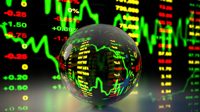 3D rendering crystal ball refracting stock market price chart background.