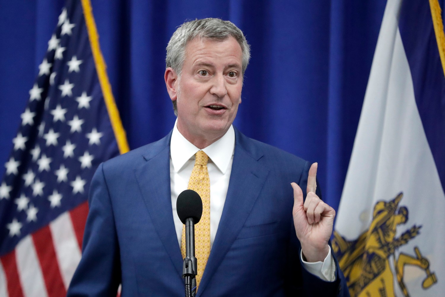 New York City Mayor Bill De Blasio speaks during a news conference announcing a proposed ordinance to provide low income residents with access to free legal representation in landlord-tenant disputes, Tuesday, May 1, 2018, in Newark, N.J. (AP Photo/Julio Cortez)