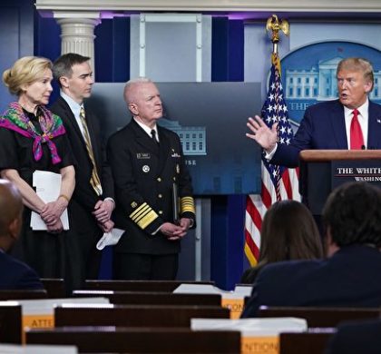 US President Donald Trump (R) answers questions from reporters as Coronavirus Response Coordinator Dr. Deborah Birx (L), Director of the Center for Medicare & Medicaid Innovation at CMS Brad Smith (2nd L), and Assistant Secretary for Health admiral Brett Giroir listen during the daily briefing on the novel coronavirus, COVID-19, in the Brady Briefing Room of the White House in Washington, DC on April 20, 2020. (Photo by MANDEL NGAN / AFP) (Photo by MANDEL NGAN/AFP via Getty Images)