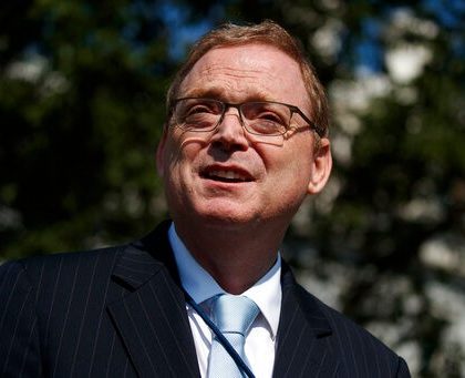 Outgoing chairman of the White House Council of Economic Advisers Kevin Hassett talks to reporters outside the White House, Monday, June 3, 2019, in Washington. (AP Photo/Evan Vucci)