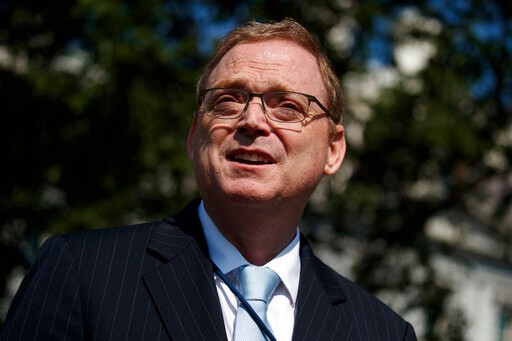 Outgoing chairman of the White House Council of Economic Advisers Kevin Hassett talks to reporters outside the White House, Monday, June 3, 2019, in Washington. (AP Photo/Evan Vucci)