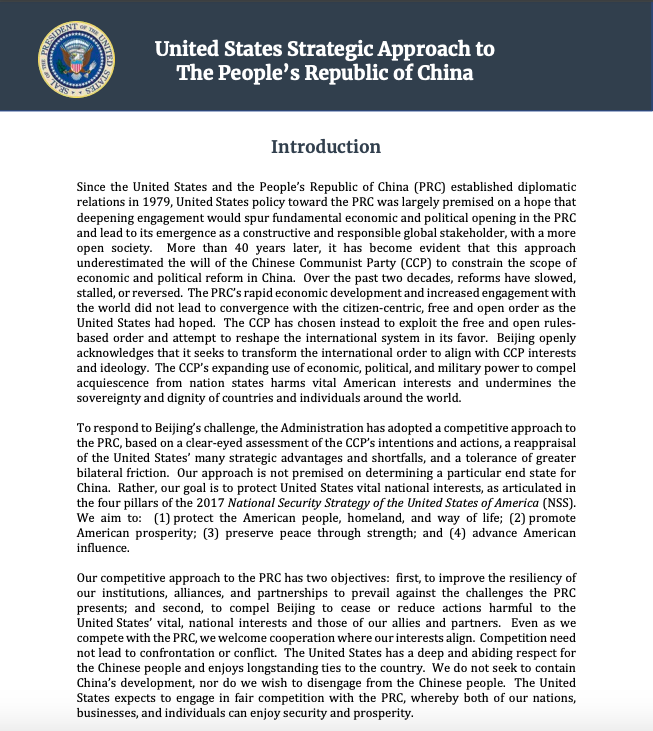 白宫发布对华战略报告 批北京“恶意行为”