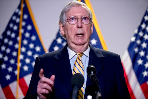 Senate Majority Leader Mitch McConnell, R-Ky., speaks to reporters during a news conference following a Senate policy luncheon on Capitol Hill, Tuesday, June 16, 2020, in Washington. (AP Photo/Andrew Harnik)