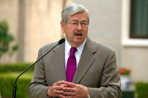 FILE - In this June 28, 2017, file photo, U.S. Ambassador to China Terry Branstad makes comments about pro-democracy activist and Nobel Laureate Liu Xiaobo during a photocall and remarks to journalists at the Ambassador's residence in Beijing. Branstad appears to be leaving his post, based on tweets by Secretary of State Mike Pompeo. Pompeo thanked Branstad for more than three years of service on Twitter on Monday, Sept. 14, 2020. (AP Photo/Ng Han Guan, File)