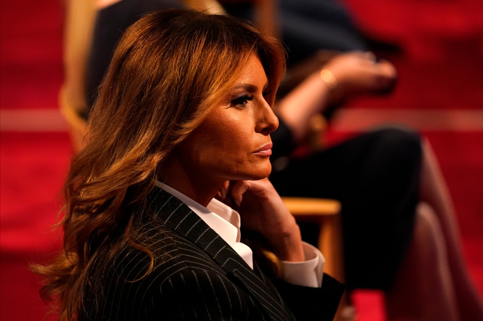 First Lady Melania Trump waits for the first presidential debate Tuesday, Sept. 29, 2020, at Case Western University and Cleveland Clinic, in Cleveland, Ohio. (AP Photo/Julio Cortez)