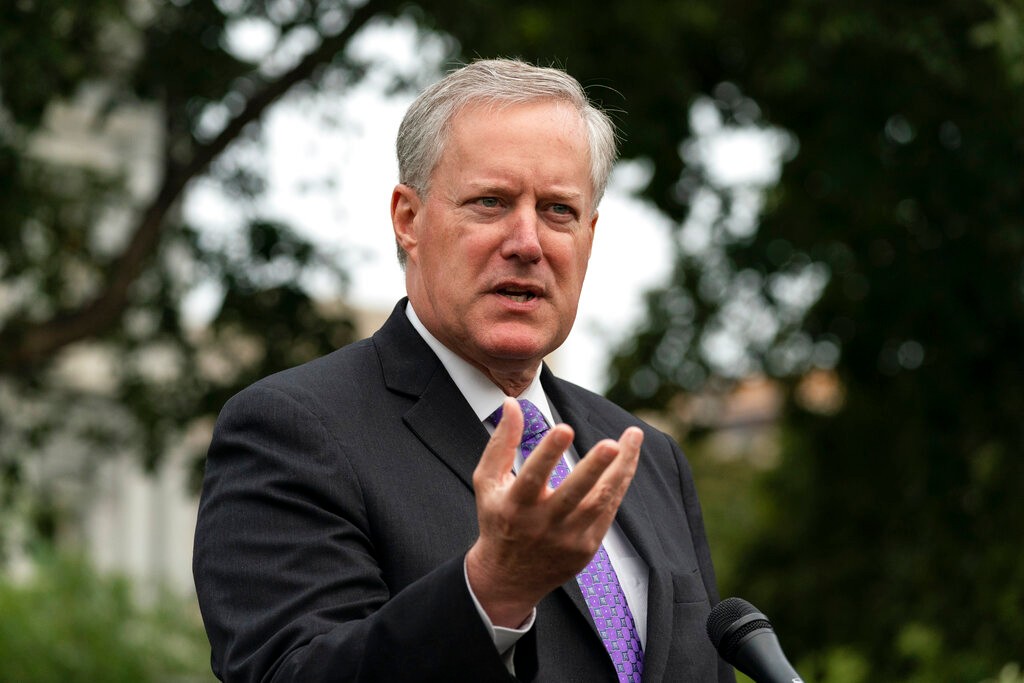 White House Chief of Staff Mark Meadows speaks with reporters at the White House, Thursday, Sept. 17, 2020, in Washington. (AP Photo/Alex Brandon)