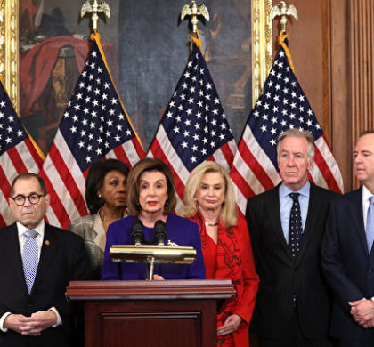 WASHINGTON, DC - DECEMBER 10:  Speaker of the House Rep. Nancy Pelosi (D-CA) (C) speaks as (L-R) Chairman of House Judiciary Committee Rep. Jerry Nadler (D-NY), Chairwoman of House Financial Services Committee Rep. Maxine Waters (D-CA), Chairwoman of House Oversight and Reform Committee Rep. Carolyn Maloney (D-NY) and Chairman of House Ways and Means Committee Rep. Richard Neal (D-MA) listen during a news conference at the U.S. Capitol December 10, 2019 in Washington, DC. Chairman Nadler announced that the Judiciary Committee is introducing two articles on abuse of power and obstruction of Congress for the next steps in the House impeachment inquiry against President Donald Trump. (Photo by Alex Wong/Getty Images)