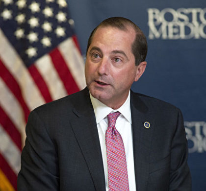 US Secretary Alex Azar, US Department of Health and Human Services speaks with US First Lady Melania Trump (not shown) during a round table and visit to Boston Medical Center where she was informed about their Cuddling Assists in Lowering Maternal and Infant stress program (CALM) as part of her Be Best initiative on November 6, 2019 in Boston, Massachusetts.  - The program works to help mothers with substance abuse disorders and their infants, who have withdrawals and are going through neonatal abstinence syndrome (NAS). (Photo by Joseph Prezioso / AFP)