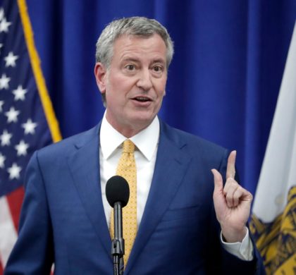 New York City Mayor Bill De Blasio speaks during a news conference announcing a proposed ordinance to provide low income residents with access to free legal representation in landlord-tenant disputes, Tuesday, May 1, 2018, in Newark, N.J. (AP Photo/Julio Cortez)