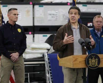 NEW YORK, NEW YORK - MARCH 23: New York Governor Andrew Cuomo speaks to the media and members of the National Guard at the Javits Convention Center which is being turned into a hospital to help fight coronavirus cases on March 23, 2020 in New York City. The plan is part of his New York state request for assistance to the federal government for four field hospital sites and aid from the U.S. Army Corps of Engineers. New York has been one of the hardest hit states in the nation with over 10,000 cases of COVID-19. (Photo by Spencer Platt/Getty Images)