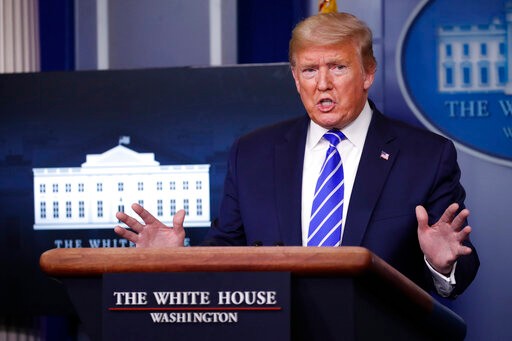 President Donald Trump speaks about the coronavirus in the James Brady Press Briefing Room of the White House, Thursday, April 23, 2020, in Washington. (AP Photo/Alex Brandon)