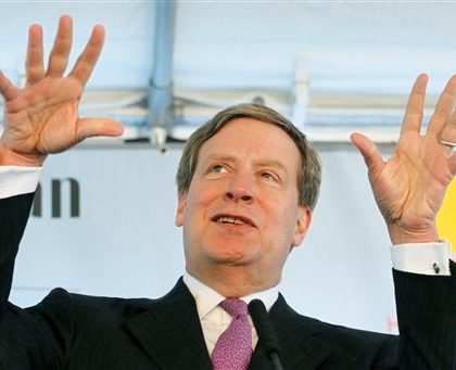 Stanley Druckenmiller, Chairman of Harlem Children's Zone Promise Academy, speaks at the groundbreaking for the school's new campus, Wednesday, April 6, 2011 in New York. (AP Photo/Mark Lennihan)