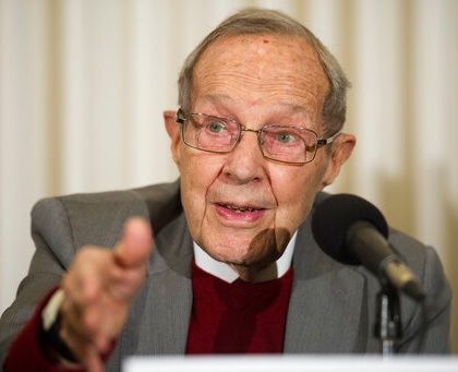 Former Secretary of Defense William Perry speaks after unveiling the Doomsday Clock during The Bulletin of the Atomic Scientists news conference in Washington, Thursday, Jan. 24, 2019.  The Doomsday Clock is set at two minutes to Midnight. (AP Photo/Cliff Owen)