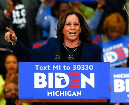 Sen. Kamala Harris, D-Calif., speaks at a campaign rally for Democratic presidential candidate former Vice President Joe Biden at Renaissance High School in Detroit, Monday, March 9, 2020. (AP Photo/Paul Sancya)