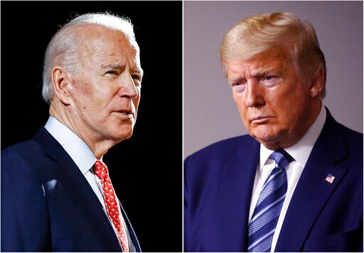 FILE - In this combination of file photos, former Vice President Joe Biden speaks in Wilmington, Del., on March 12, 2020, left, and President Donald Trump speaks at the White House in Washington on April 5, 2020. Trump has accused his Democratic rival Biden of having connections to the “radical left” and has pilloried his relationship with China, his record on criminal justice, his plans for the pandemic and even his son's business dealings. (AP Photo, File)