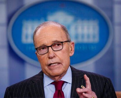 White House chief economic adviser Larry Kudlow speaks during a television interview about the new North American trade agreement with Canada and Mexico, at the White House, Wednesday, Jan. 29, 2020, in Washington. (AP Photo/Alex Brandon)