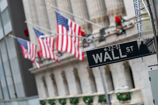 The Wall St. street sign is framed by American flags flying outside the New York Stock Exchange, Friday, Jan. 3, 2020, in New York. Stocks fell broadly on Wall Street in midday trading Friday and oil prices surged after U.S. forces in Iraq killed a top Iranian general. (AP Photo/Mary Altaffer)